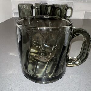 5 Libbey Smoke Gray Swirl Glass Mug/Cup Coffee/Tea Mid Century